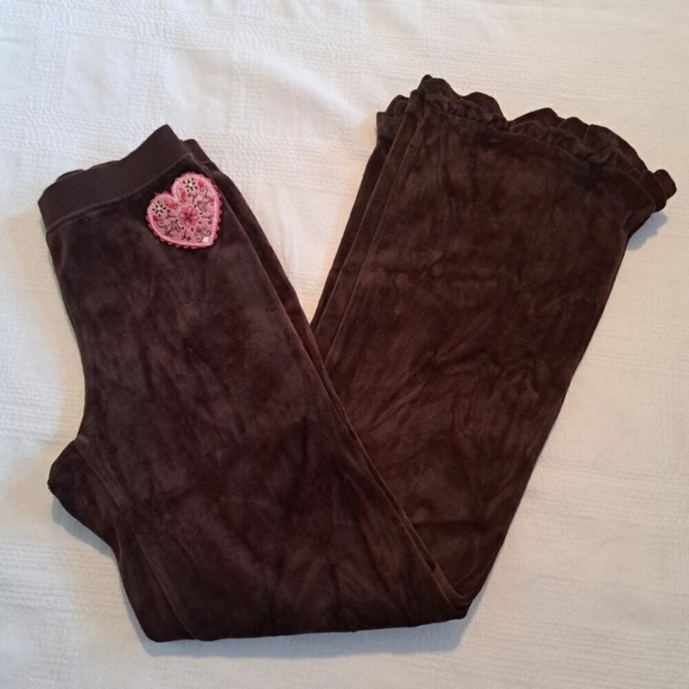 Gymboree girls size 9 brown velour pants with ruffle and heart applique, VGUC